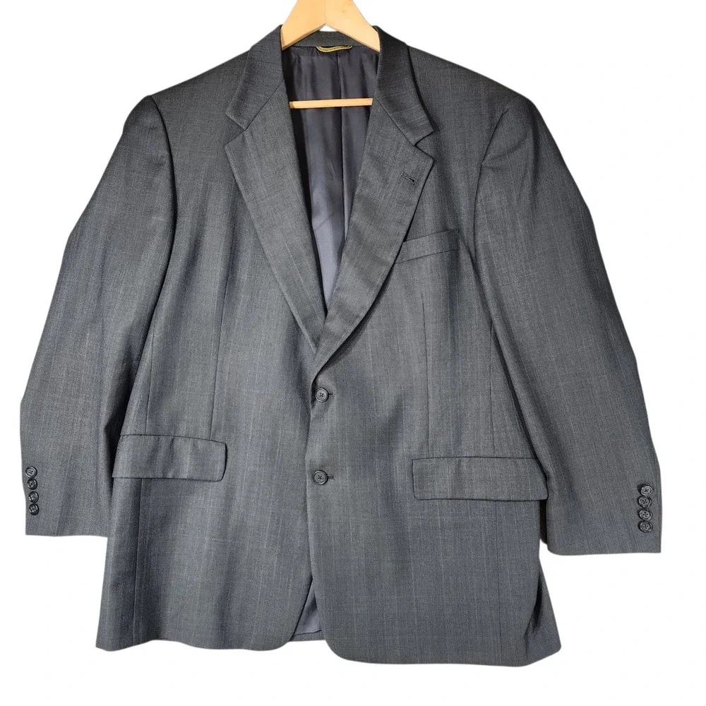 Vtg Hart Schaffner Marx 2 pc Suit 43R 44R Men Gray Gold Trumpeter Wool USA 38x28